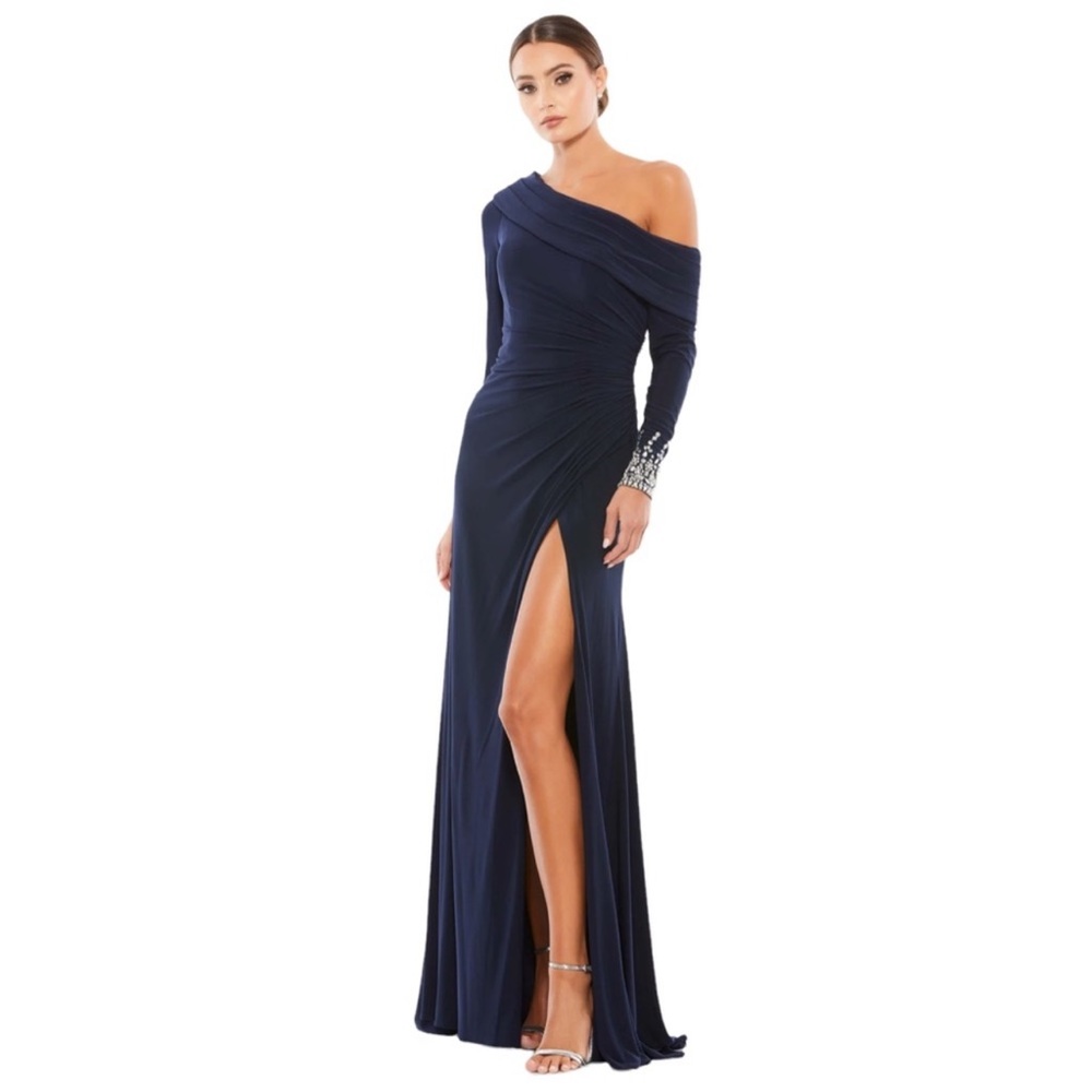MAC DUGGAL Off The Shoulder Long Sleeve Jersey Jeweled Cuff Gown